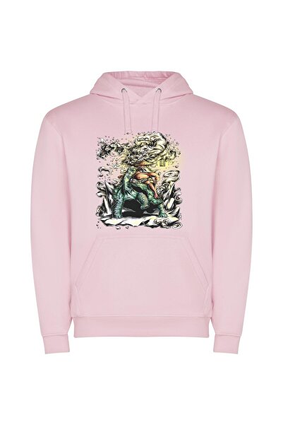iLovePrints Dinosaur Dreaming: Vibrant Tattoo Φούτερ με κουκούλα σε χρώμα Ροζ