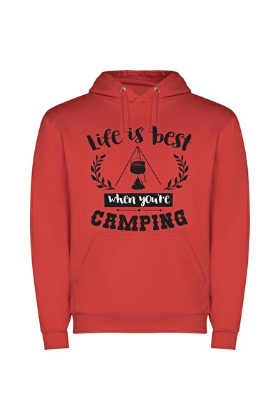 iLovePrints Camping: True Life Experience Φούτερ με κουκούλα σε χρώμα Κόκκινο