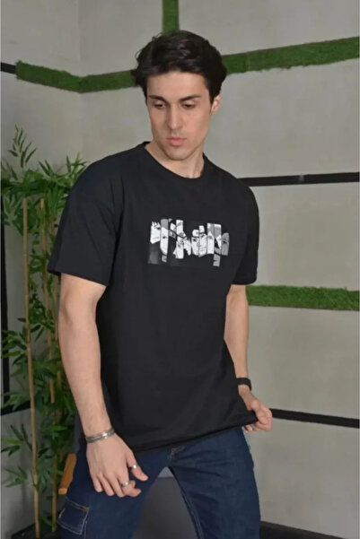 modi Unisex Crew Neck Printed Oversize T-Shirt - Black