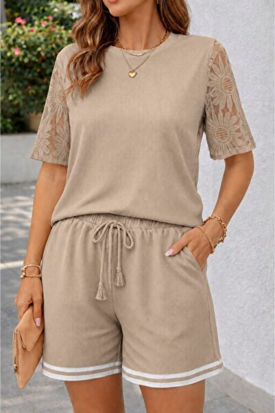 oniks store Women's Short Sleeve Crew Neck Waffle Blouse and Short Two-Piece Set