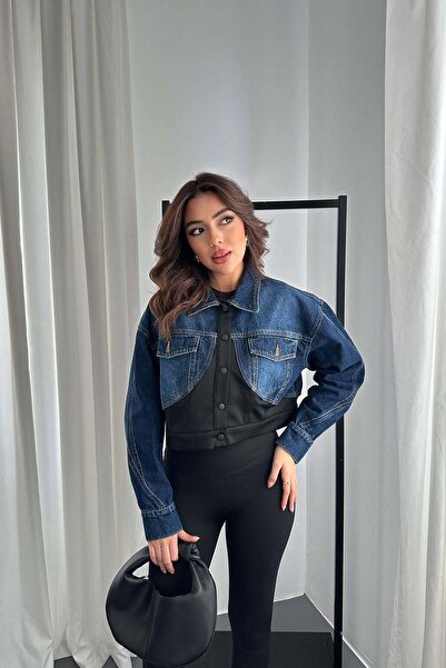 Moda Days Women's Black Jacket with Denim Trim and Snap Buttons, Crop Shirt w...