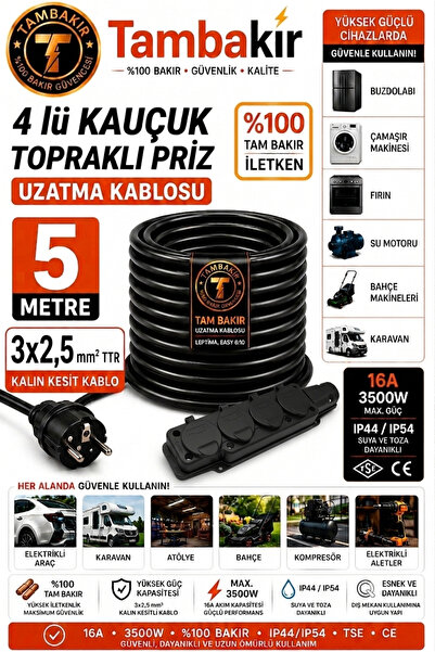 Tambakır 4'lü Kauçuk Topraklı Uzatma Kablosu 5-50 Metre 3x2,5mm TTR Tekli %10...