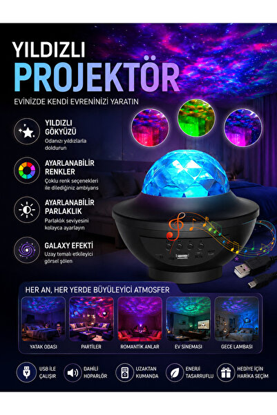 Genel Markalar Galaxy Efektli Led Gece Lambası Projektörü Bluetooth Bağlantılı