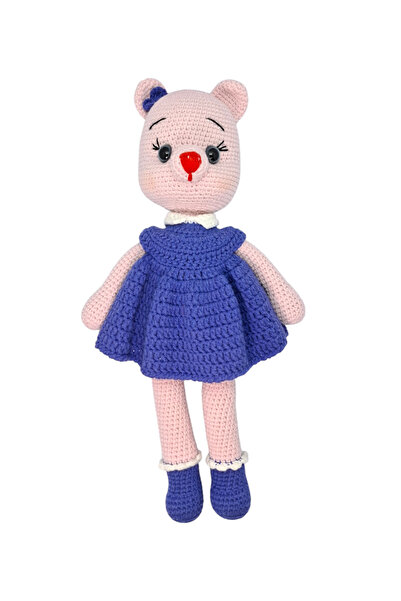 Amigurumi Örgü Sevimli Pembe Fare Oyuncak 34 cm - El Yapımı Mavi Elbiseli Süslü Fare Bebek