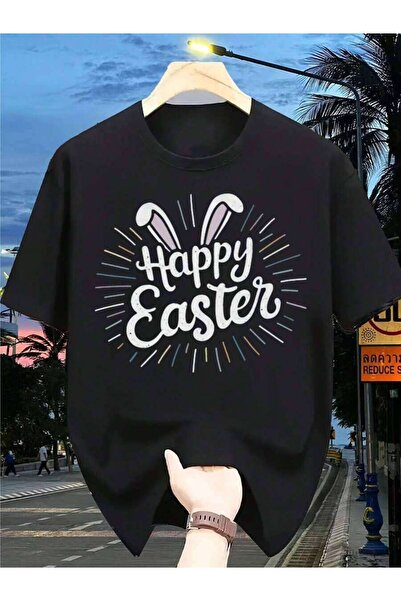 2BIR تي شيرت رجالي مطبوع عليه Happy Easter |   تي شيرت خفيف الوزن، بأكمام قصي...