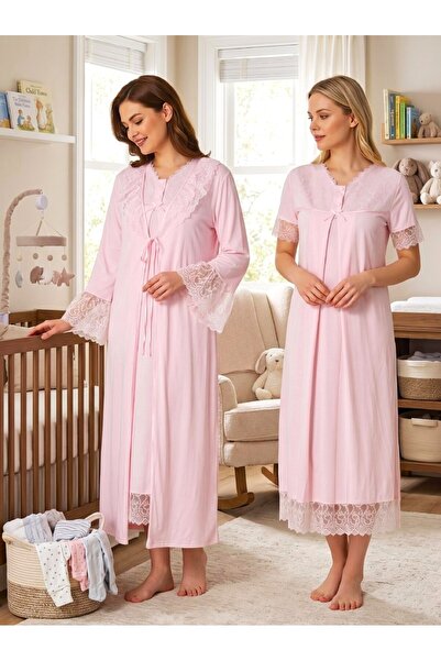 Lohusa Homewear New Season Pink Stylish Lace Detailed Design with Easy Breast...