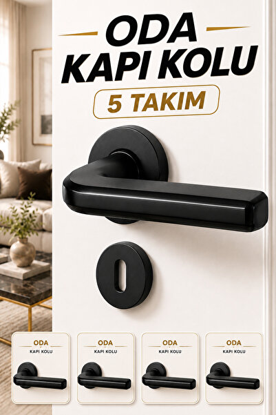 Badem10 [5 TAKIM] Hira Nisa Mat Siyah Oda Kapı Kolu Yuvarlak Rozetli Modern Ş...