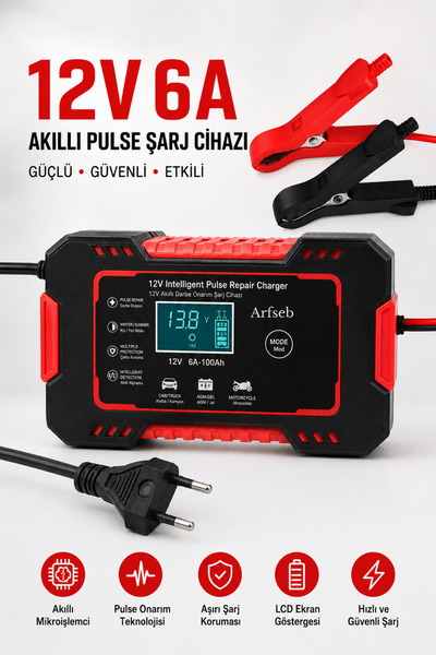 Arfseb 12V 6A Akıllı Akü Şarj Cihazı Araba Motosiklet LCD Ekran Pulse Onarım ...