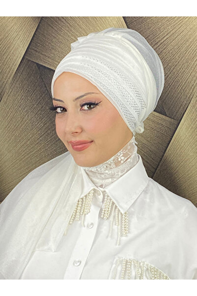 MY UKİYO STORE YELPAZE MODEL TESETTÜR TAŞ BASKILI DRAPELİ SİMLİ ABİYE BONE ŞAL