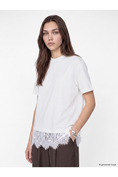 LC Waikiki Lcw Modest White Crew Neck Lace Blouse