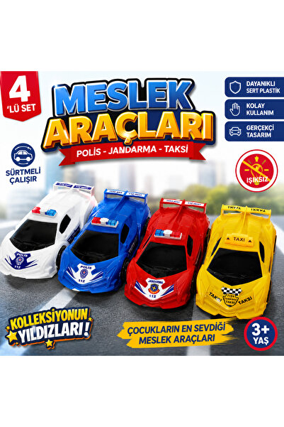 KAR TANESİ 4'lü Meslek Araçları Seti Polis Jandarma Taksi Sürtmeli Oyuncak Ar...