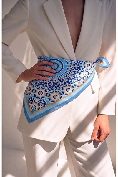 Ege Fular Şal Kadın İpek Rayon Eşarp 90x90 cm Şaven Mozaik Desenli Mavi Bej F...