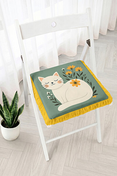 Realhomes Sleeping Cat and Floral Pattern Fringed Zippered Chair Cushion - Bo...