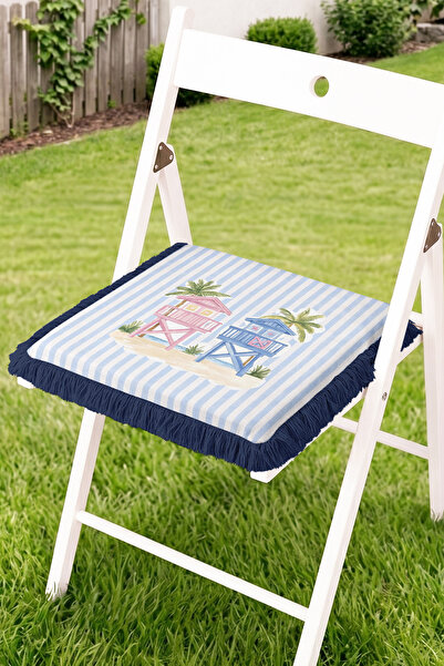 Realhomes Beach Hut and Palm Tree Figured Striped Fringed Zippered Chair Cush...