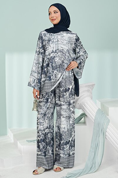 İmajButik Navy Blue Patterned Tunic Trouser Set