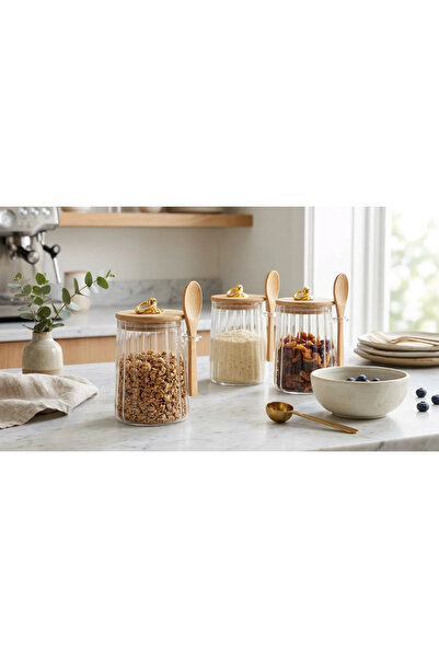Lumindra 3-Piece Borosilicate Glass Jar Set with Ring Lid, Straight Line Desi...