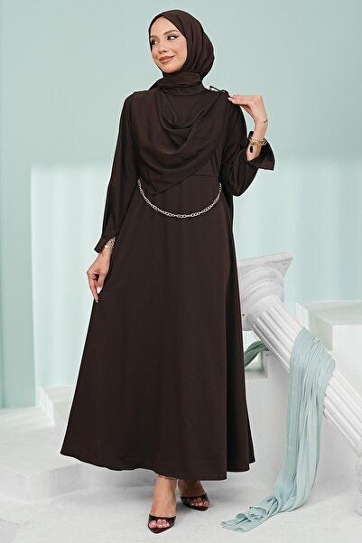 İmajButik Brown Shoulder Shawl Detailed Chain Belted Dress