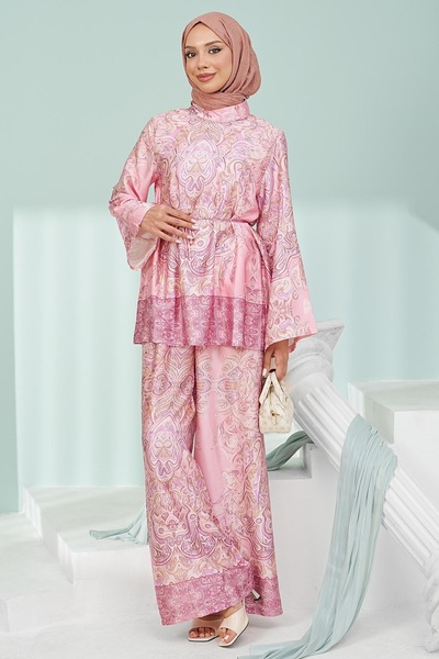 İmajButik Pink Patterned Tunic Trouser Set