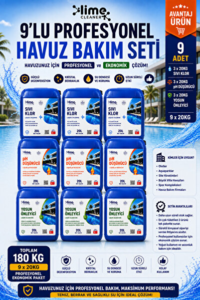 Lime Cleaner 9'lu Profesyonel Havuz Bakım Seti 180 KG | 3x Sıvı Klor + 3x Sıv...