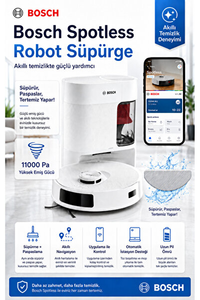 Bosch Advanced+ Robot Süpürge, 11.000 Pa Güçlü Emiş, Titreşimli Islak Paspas,...