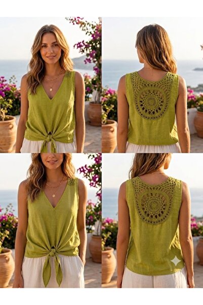 AYASOFYA OTANTIK Women's Italian Sun Lace Tied Zero Sleeve Blouse
