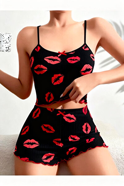 Genel Markalar Kadın Şortlu Pijama Takımı Askılı Kaşkorse Desenli Yazlık Ev G...