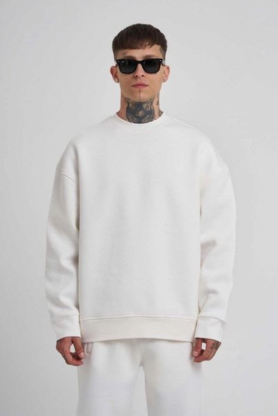 Generic Brand Men's Crew Neck 3-Ply Cotton Sweatshirt - White