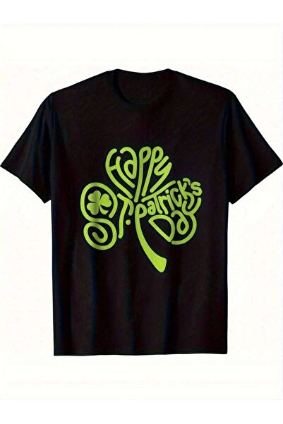 25W Men's T-Shirt- Black With Bright Green Clover Print Golden Letter Pattern...