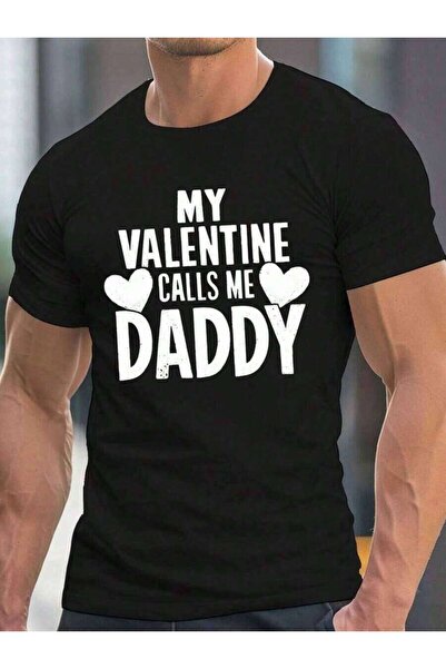 9JY تي شيرت رجالي مضحك بطبعة "My Valentine Calls Me Daddy" باللون الأسود مع ن...