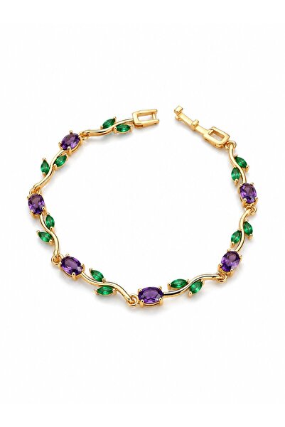 serelya Purple Zircon Stone Flower Model Gold Brass Women's Bracelet