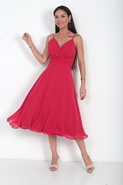 By Saygı Women's Rope Strap Double Breasted Collar Lined Chiffon Flared Midi ...