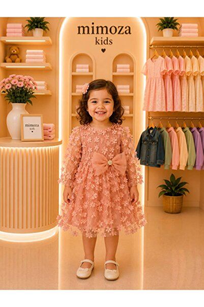 Mimoza Kids Kız Bebek Lila 3D Çiçek İşlemeli Büyük Fiyonk Detaylı Tül Abiye E...