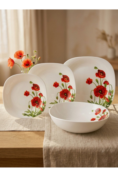 Atlas Set Farfurii Maci 19 Piese – Sticlă Opal cu Model Floral