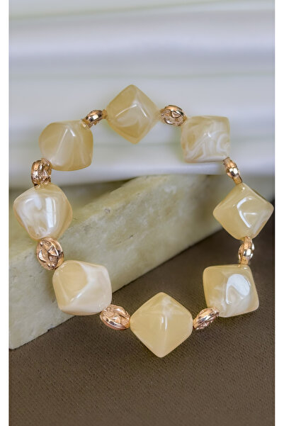 Dore Collection Pearlescent Beige Cube Beaded Acrylic Rubber Bracelet with Go...