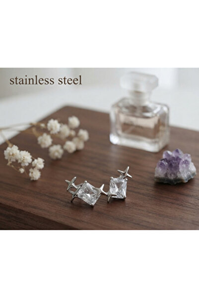 stainless steell أقراط فضية اللون لامعة مرصعة بالأحجار الكريمة من الفولاذ الم...