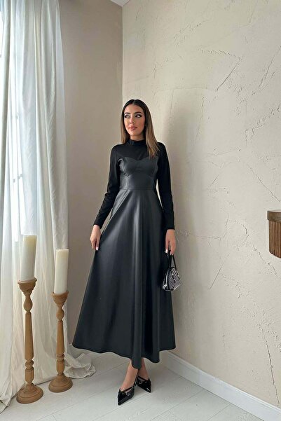 Clothes Fast فستان نسائي أسود بياقة على شكل قلب من الجلد الصناعي بأكمام طويلة...
