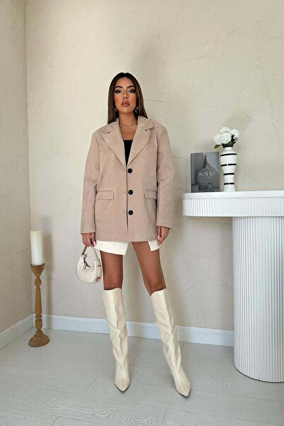 Clothes Fast سترة نسائية من جلد الغزال البيج، ياقة كلاسيكية، أزرار، جيوب، أكم...