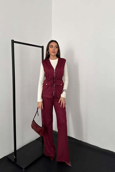 Clothes Fast Women's Burgundy Suede Vest and Trousers Set with Zipper, Lacing...