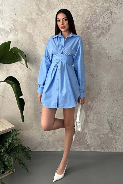 Moda Days قميص نسائي أزرق اللون بياقة وأكمام طويلة مع حزام عند الخصر وأزرار، ...