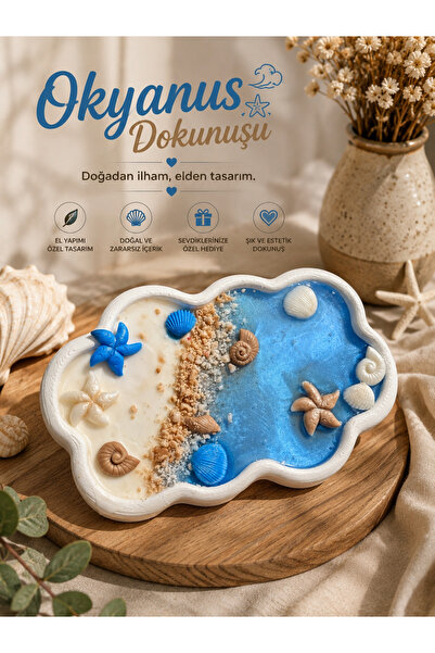Okyanus Dokunuşu El Yapımı Soya Wax Dekoratif Mum | Tamamı Mumdan Deniz Kabukları ile Deniz Temalı Tasarım