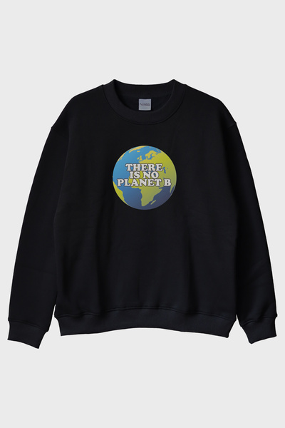 lofux There Is No Planet B World Illustrated Printed Black Crew Neck Sweatshirt
