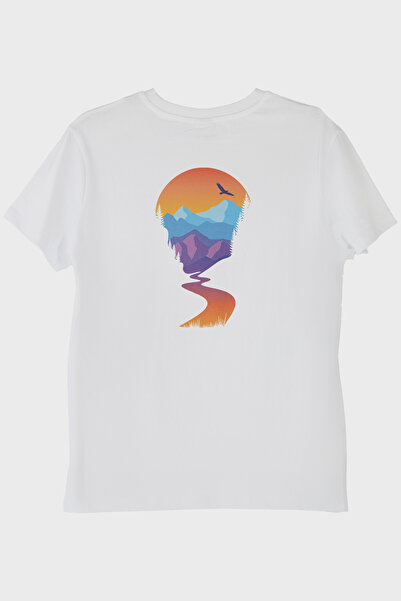 lofux Mountain Printed Natural Landscape Design White T-Shirt