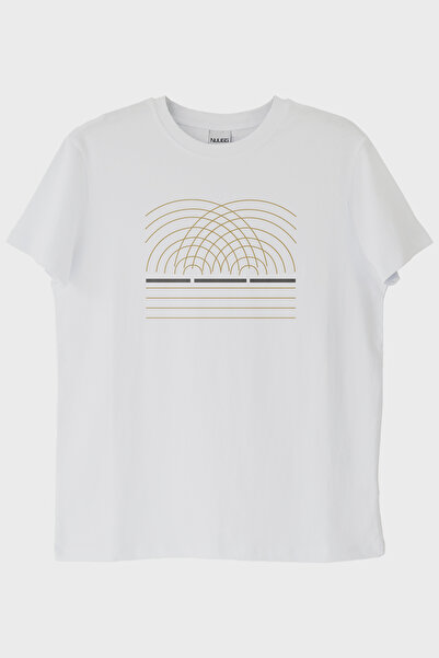 lofux Double Slit Patterned Gold Striped White T-Shirt