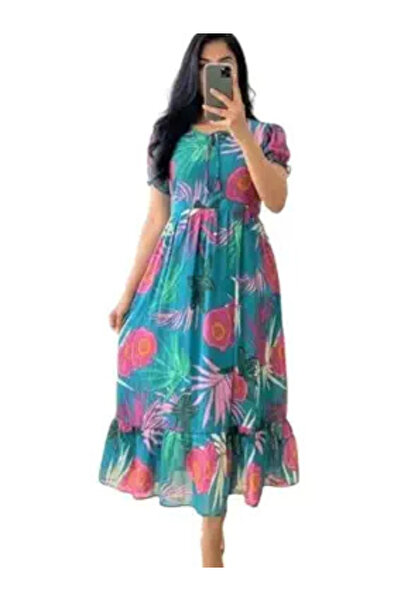 MYSMAR Teal Tropical Print Georgette Midi Dress - FFT8086 | Blue-Size:2XL-44-...