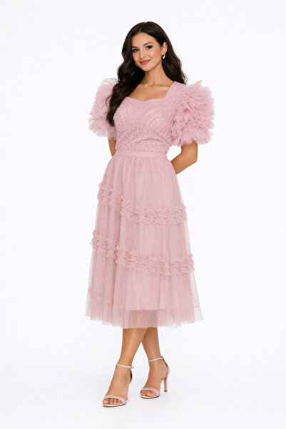 2TRENDY Women's Square Collar Tulle Fluffy Sleeves Blouse Light Pink
