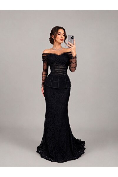ranin Black Evening Dress Lace and Tulle