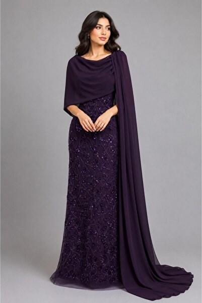 ranin Navy Blue Evening Dress with Beaded Embroidery and Chiffon Overlay.
