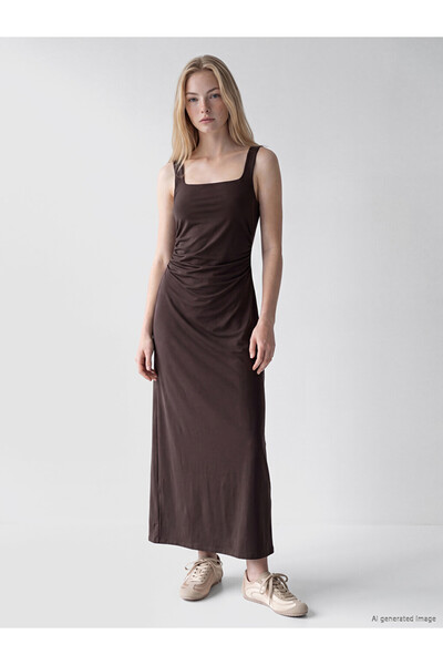 LC Waikiki Brown Square Neck Gathered Bodycon Dress