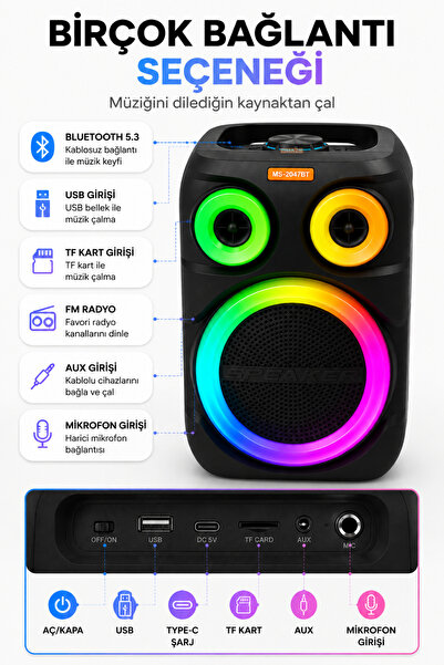 Omaze Bluetooth Hoparlör Karaoke Kablosuz Mikrofonlu 8 İnç Taşınabilir RGB Işıklı Şarjlı USB FM Radyo