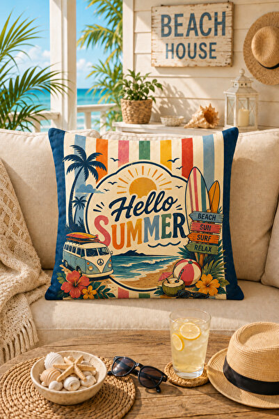 Hayal Dekoratif Yaz Temalı Summer Vibes Çizgili Dijital Baskılı Enerjik Temalı Dijital Baskılı 4'lü Kırlent Kılıfı
